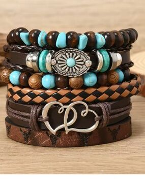 Rustic Boho Leather & Turquoise Color Bracelet  Set